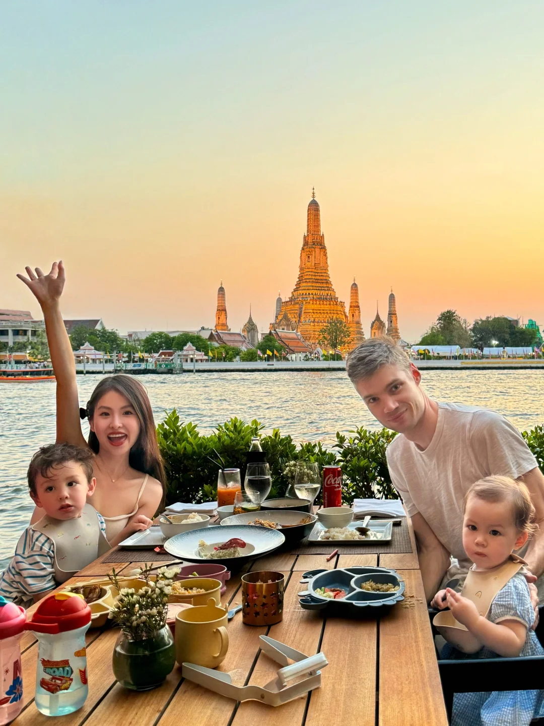 Bangkok-Chao Phraya River sunset at SALA restaurant, Wat Arun in the afterglow of the sunset