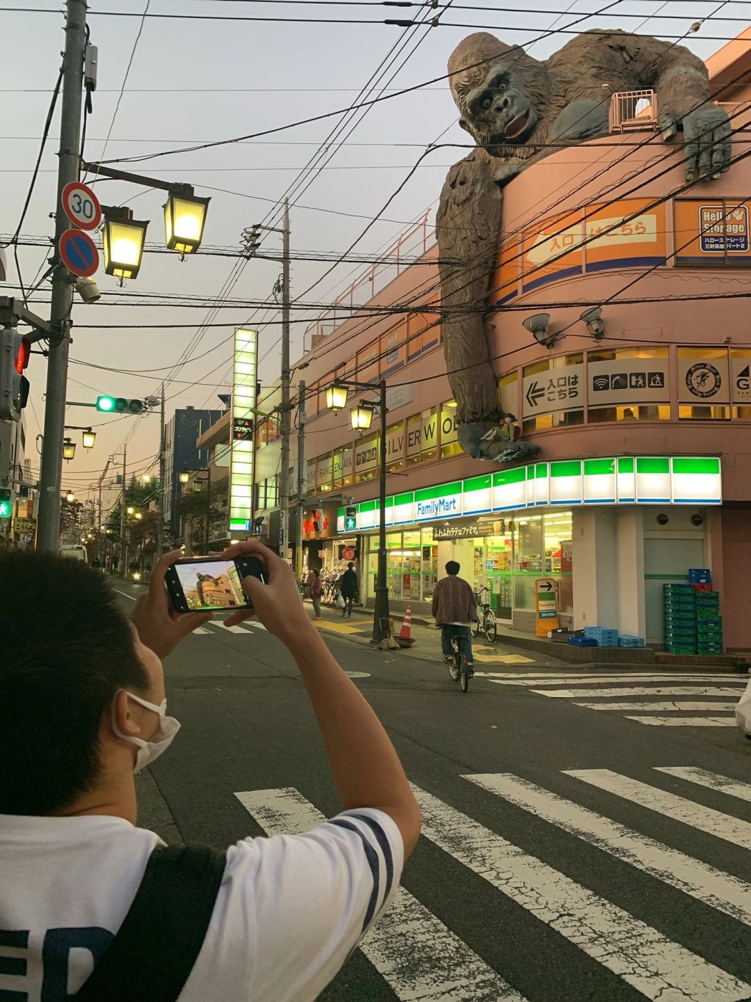 Tokyo-A giant gorilla reaches down from the top of a three-story building at Sangenjaya in Tokyo