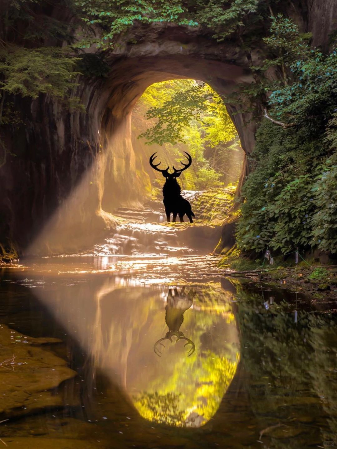 Tokyo-Tokyo Chiba Kameigawa Cave Heart Reflection Waterfall, with a rainbow in the sunlight