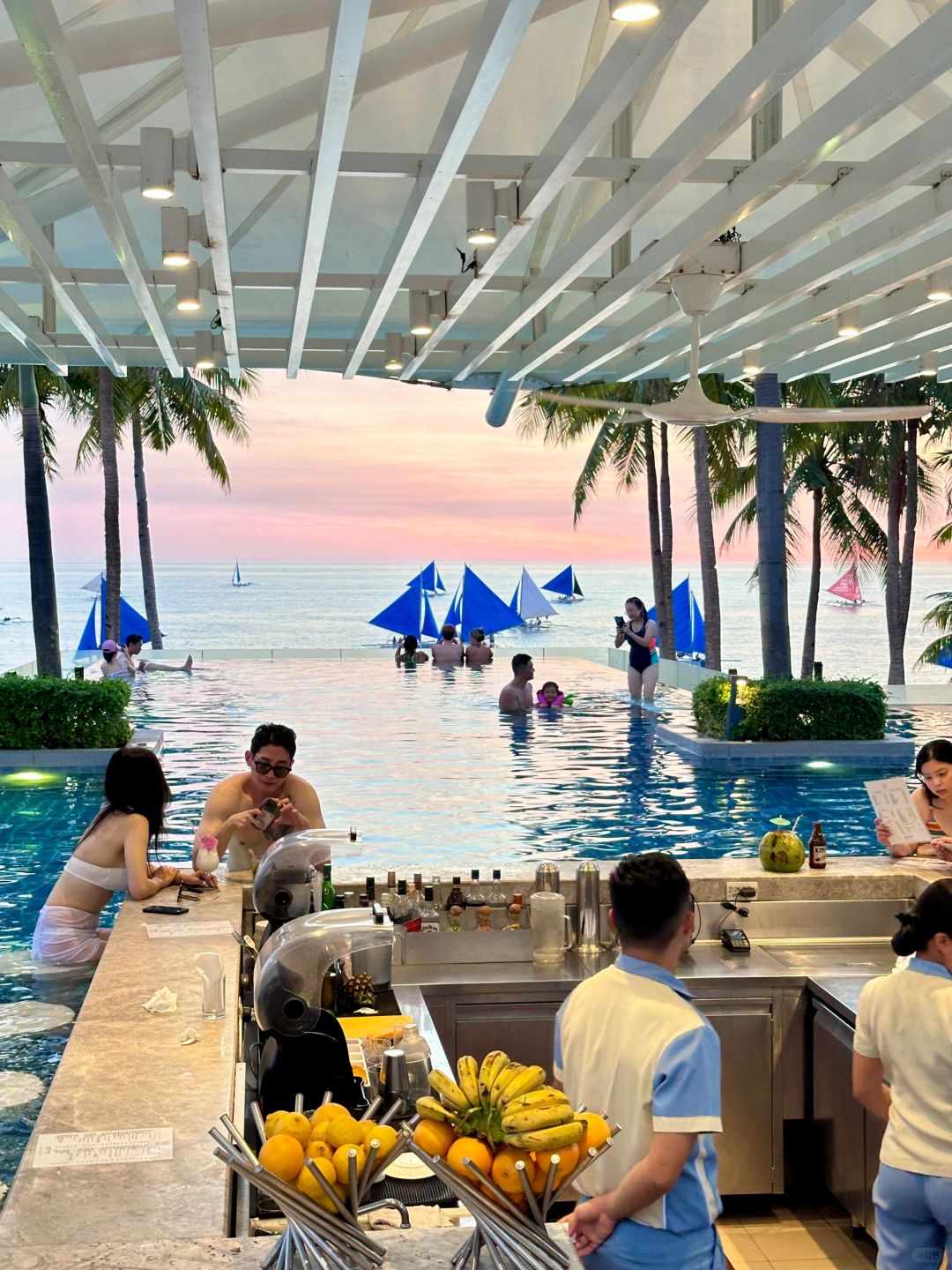 Boracay-Southeast Asian island style, outdoor pool bar on the third floor of Hannah Crystal Sands Hotel in Boracay