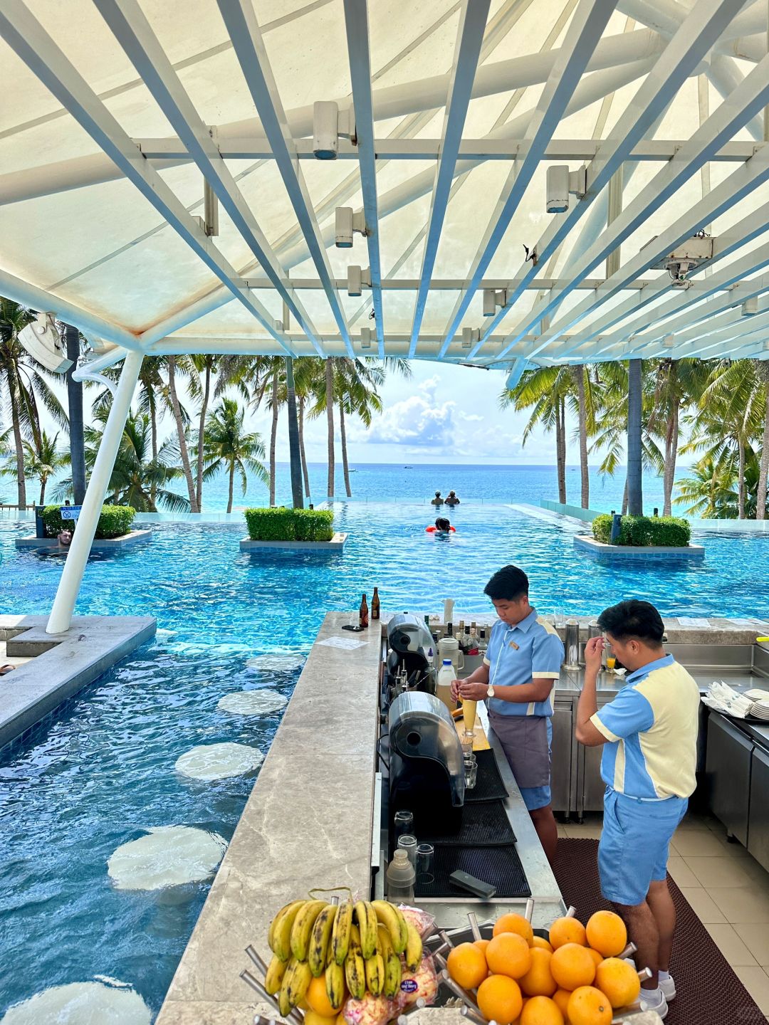 Boracay-Southeast Asian island style, outdoor pool bar on the third floor of Hannah Crystal Sands Hotel in Boracay