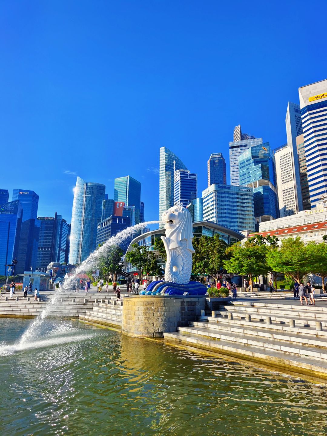 Singapore-The smallest park in Singapore, with the Merlion and Marina Bay lit up at night