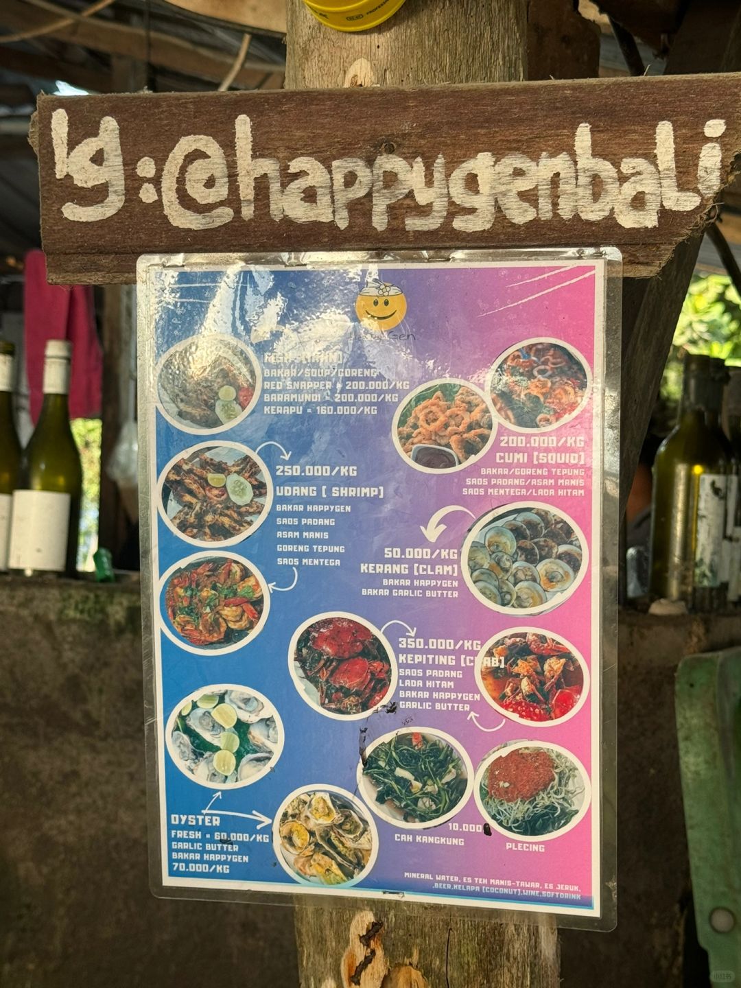 Bali-Warung Happy Gen seafood restaurant in Jimbaran, Bali, close to the beach and cheap