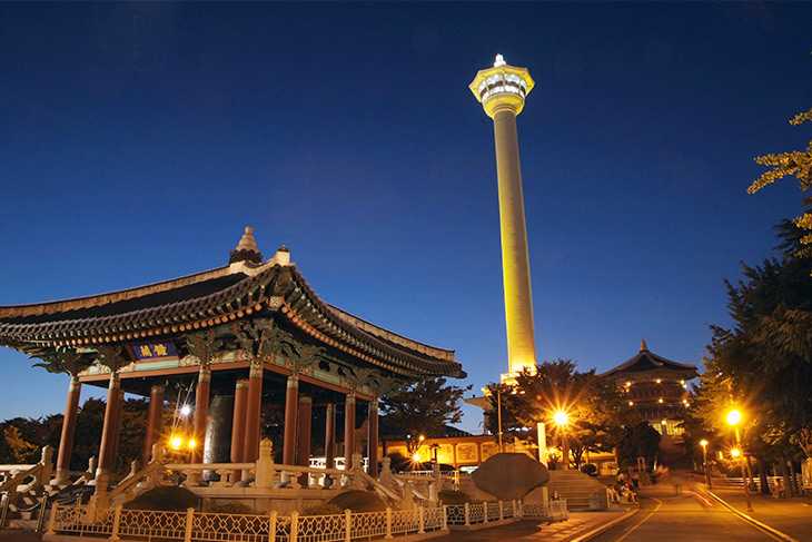 Busan/Jeju-Busan Tower in Yongdusan Park, Busan, South Korea, with a panoramic view of the city