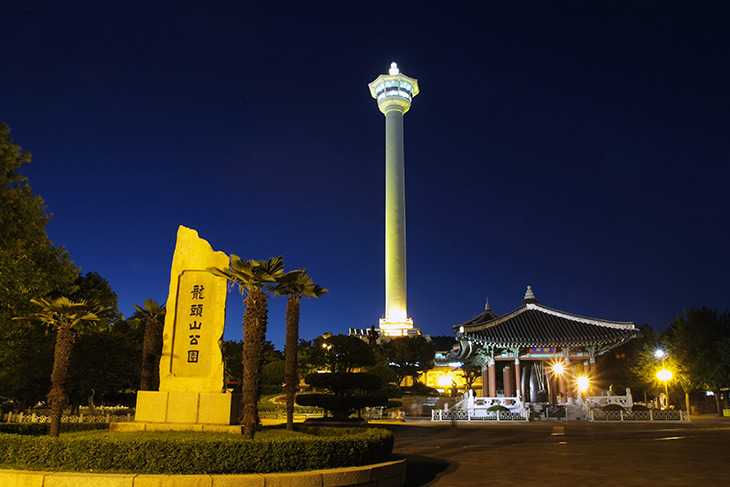 Busan/Jeju-Busan Tower in Yongdusan Park, Busan, South Korea, with a panoramic view of the city