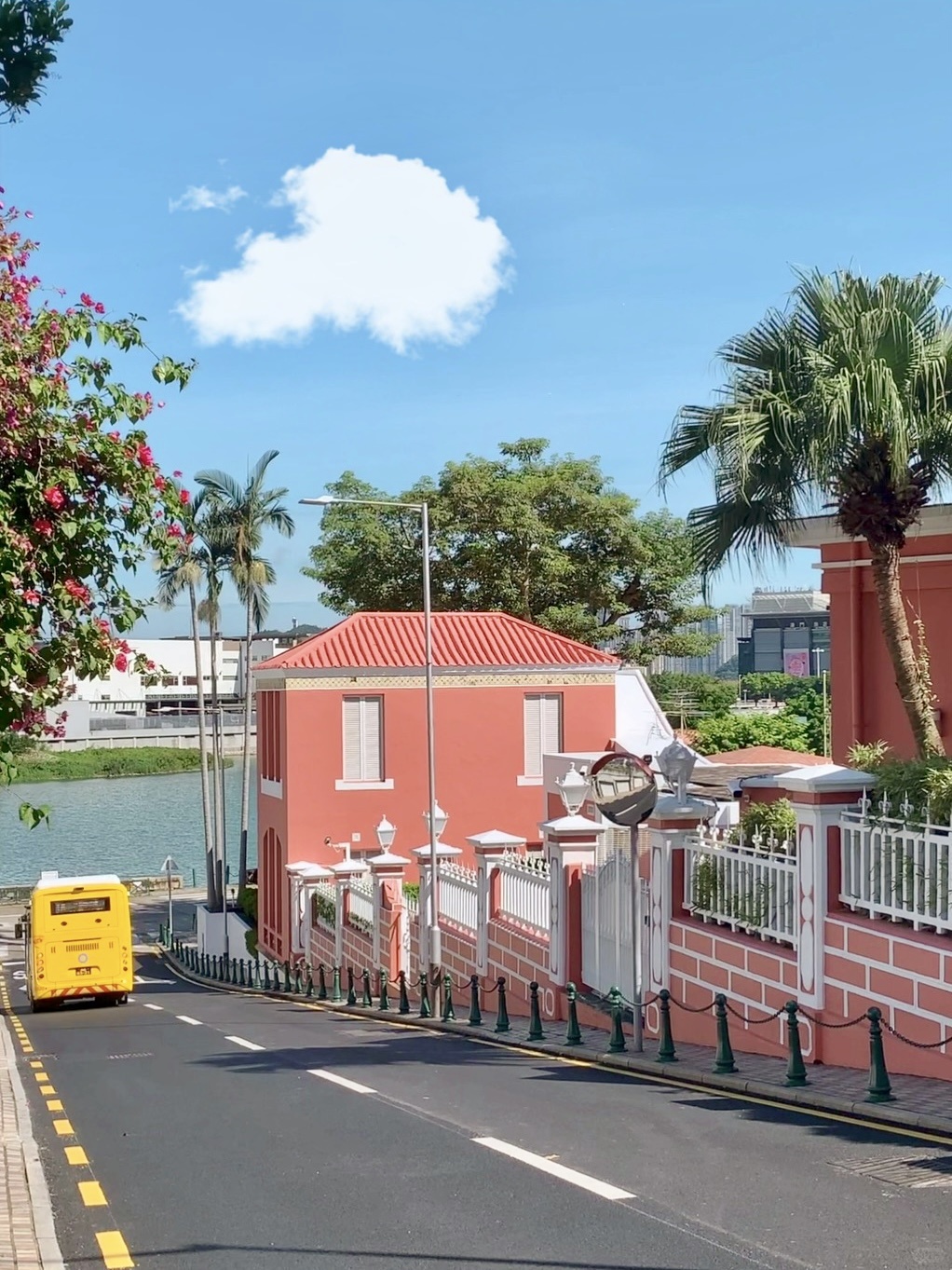 Macao-City Walk in Yiwan Alley, Macau Peninsula, Fairytale path leading to a pink house by the sea