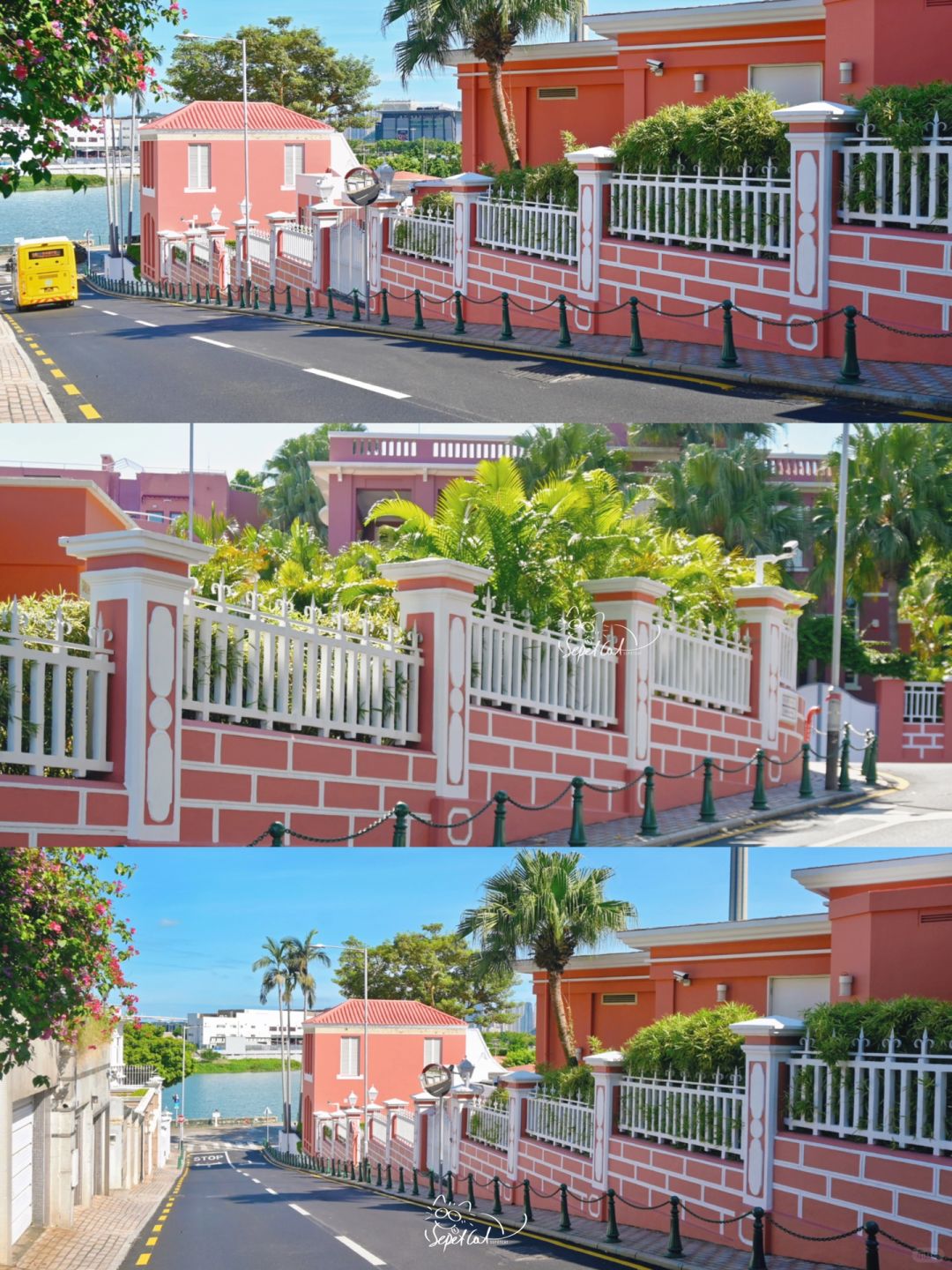 Macao-City Walk in Yiwan Alley, Macau Peninsula, Fairytale path leading to a pink house by the sea