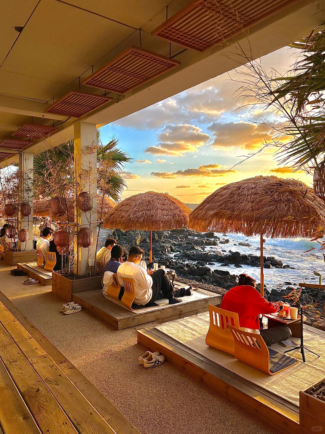 Busan/Jeju-Haejigae Cafe in Aewol, Jeju Island, Korean style, with palm trees and umbrellas outdoors