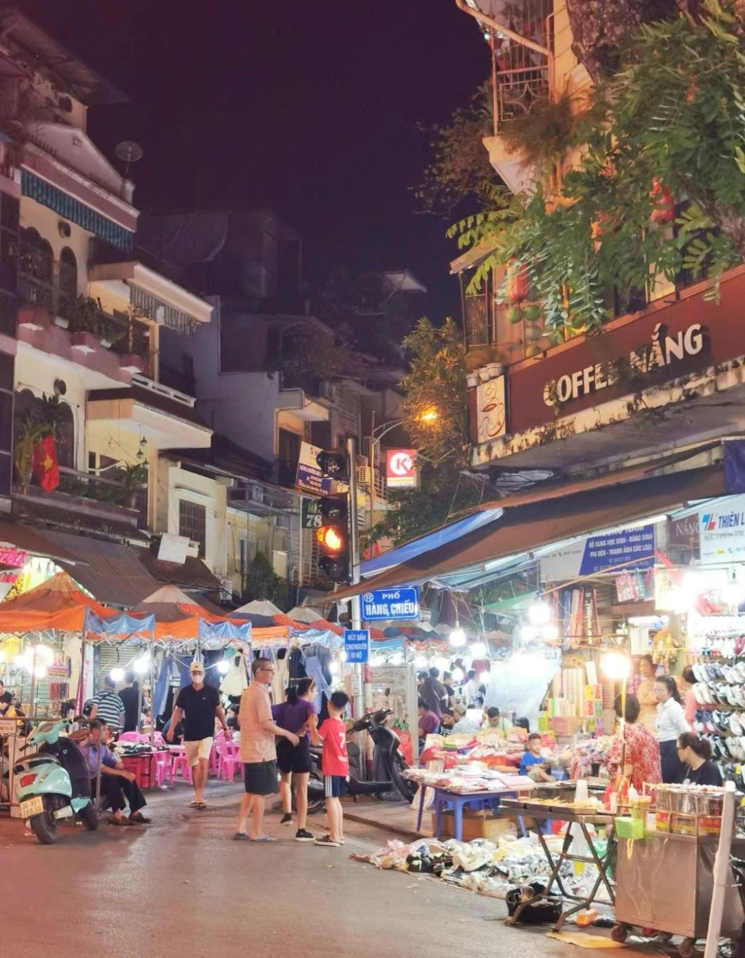 Hanoi-Hoan Kiem Lake area in Hanoi, Vietnam. Night market, food, bars, spas are all available