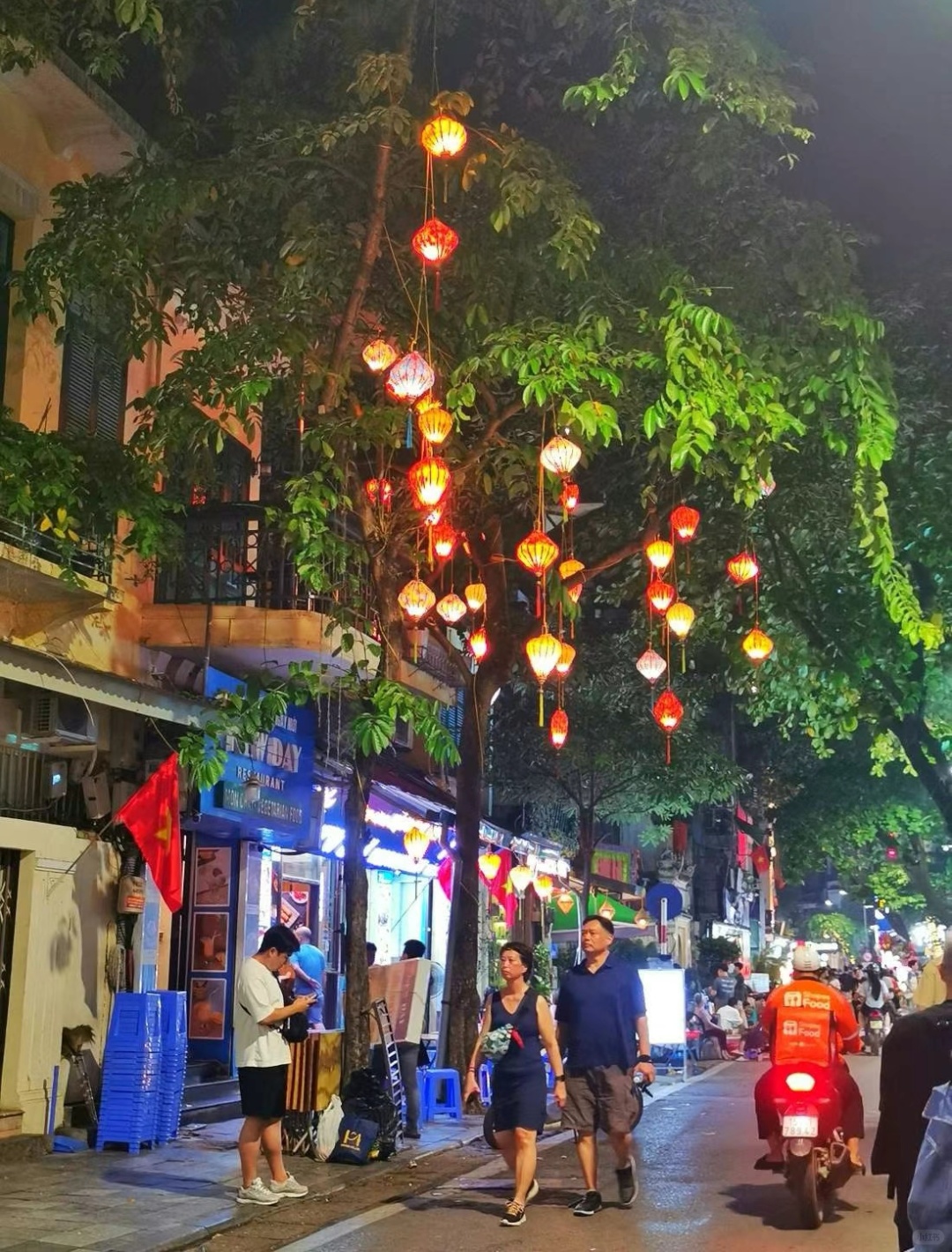 Hanoi-Hoan Kiem Lake area in Hanoi, Vietnam. Night market, food, bars, spas are all available