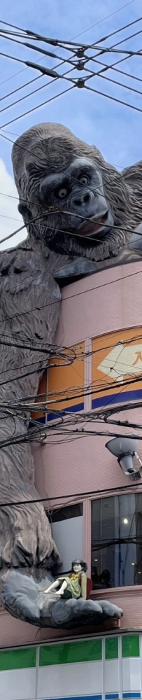 A giant gorilla reaches down from the top of a three-story building at Sangenjaya in Tokyo