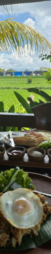 Villa Silas Hotel in Bali, having breakfast while daydreaming and basking in the sun